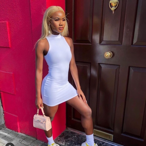 Dresses & Skirts - White High Neck Rib Sleeveless Bodycon Mini Dress